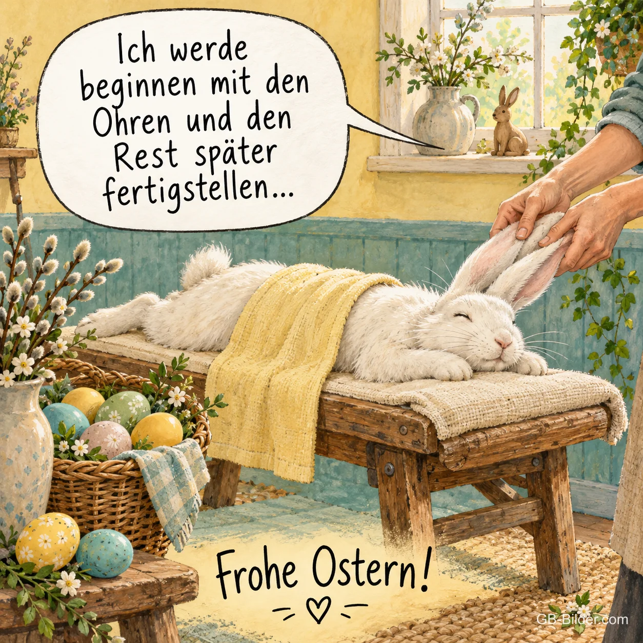 Hase bei der Ohrenmassage, lustiger Osterspruch, Frohe Ostern!