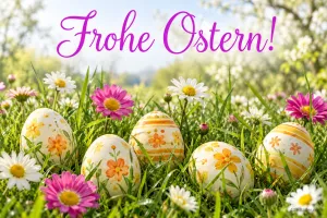 Bemalte Ostereier zwischen Blumen, Text: Frohe Ostern!