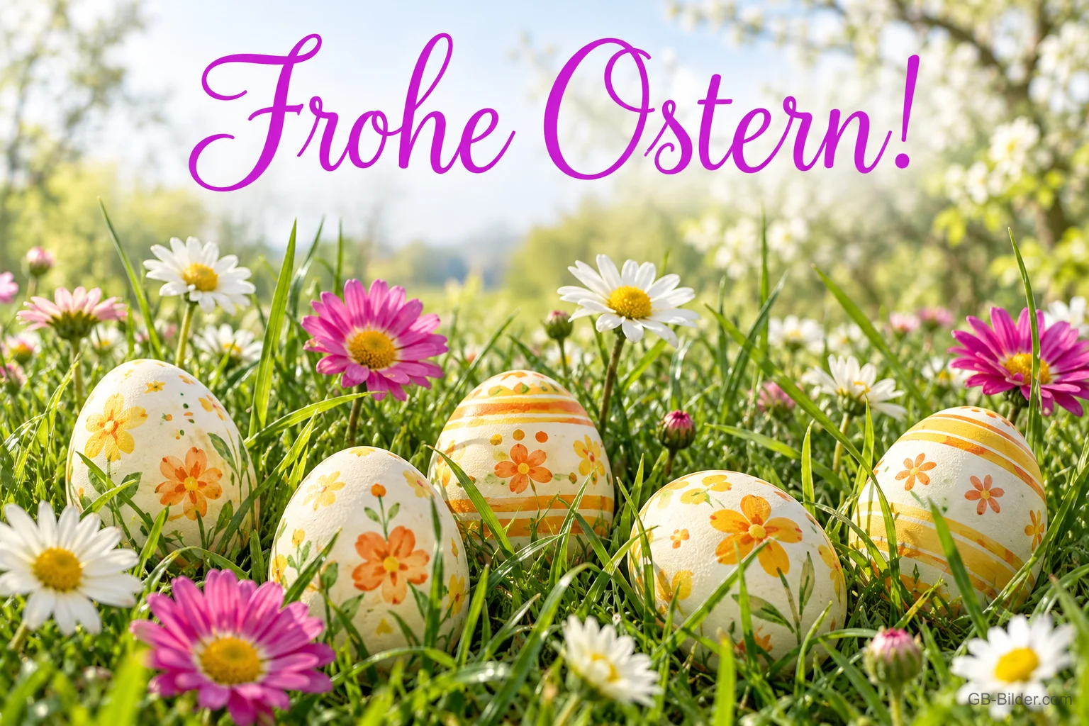 Bemalte Ostereier zwischen Blumen, Text: Frohe Ostern! Bemalte Ostereier zwischen Blumen, Text: Frohe Ostern!