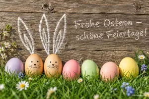 Ostereier mit gemalten Hasenohren, Text: Frohe Ostern – schöne Feiertage!
