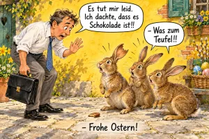 Erschrockener Mann mit Aktentasche entschuldigt sich bei drei Hasen, Text: Es tut mir leid. Ich dachte, dass es Schokolade ist!! – Was zum Teufel!! – Frohe Ostern!