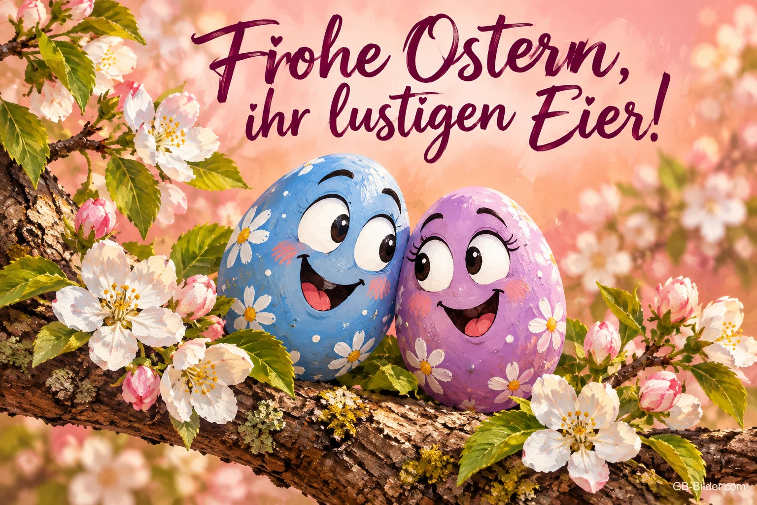 Zwei lachende bemalte Ostereier mit Gesichtern auf einem blühenden Ast, Text: Frohe Ostern, ihr lustigen Eier!