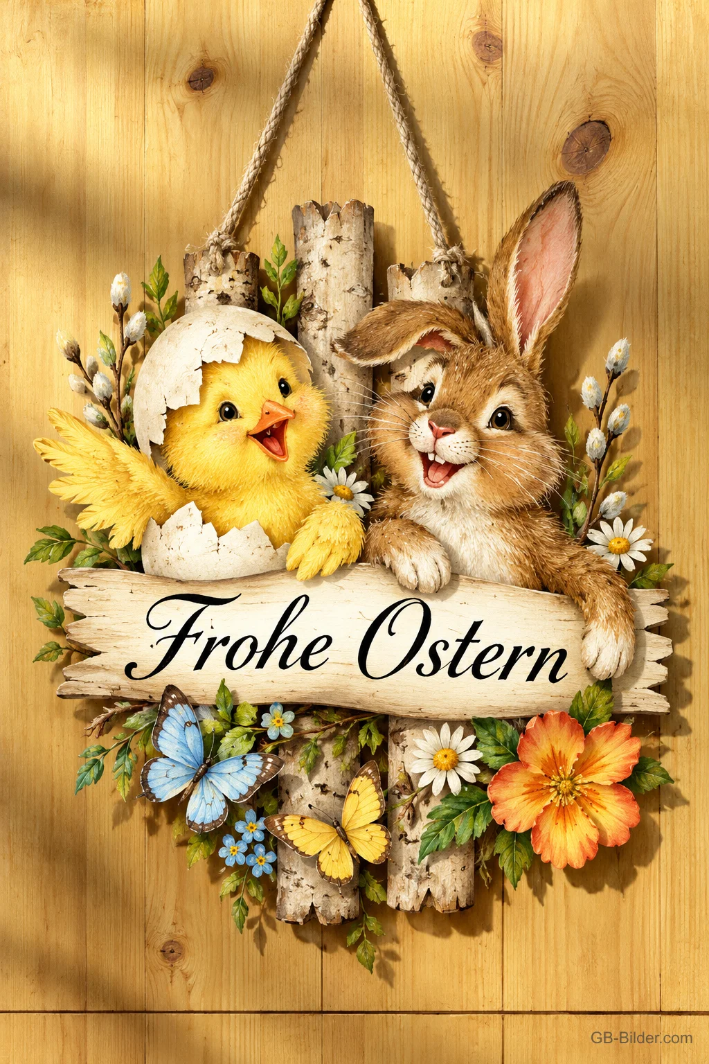 Küken im Eierschalenhut und Hase hängen an einem Schild mit Frühlingsblumen, Text: Frohe Ostern Küken im Eierschalenhut und Hase hängen an einem Schild mit Frühlingsblumen, Text: Frohe Ostern