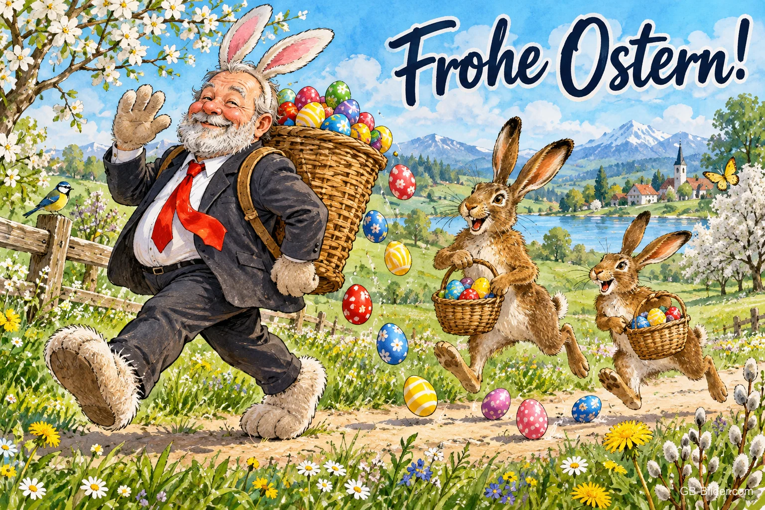 Fröhlicher grauhaariger Mann mit Hasenohren, Pelzfüßen und Eierkorb wandert über eine Frühlingswiese, zwei Hasen folgen, Text: Frohe Ostern!