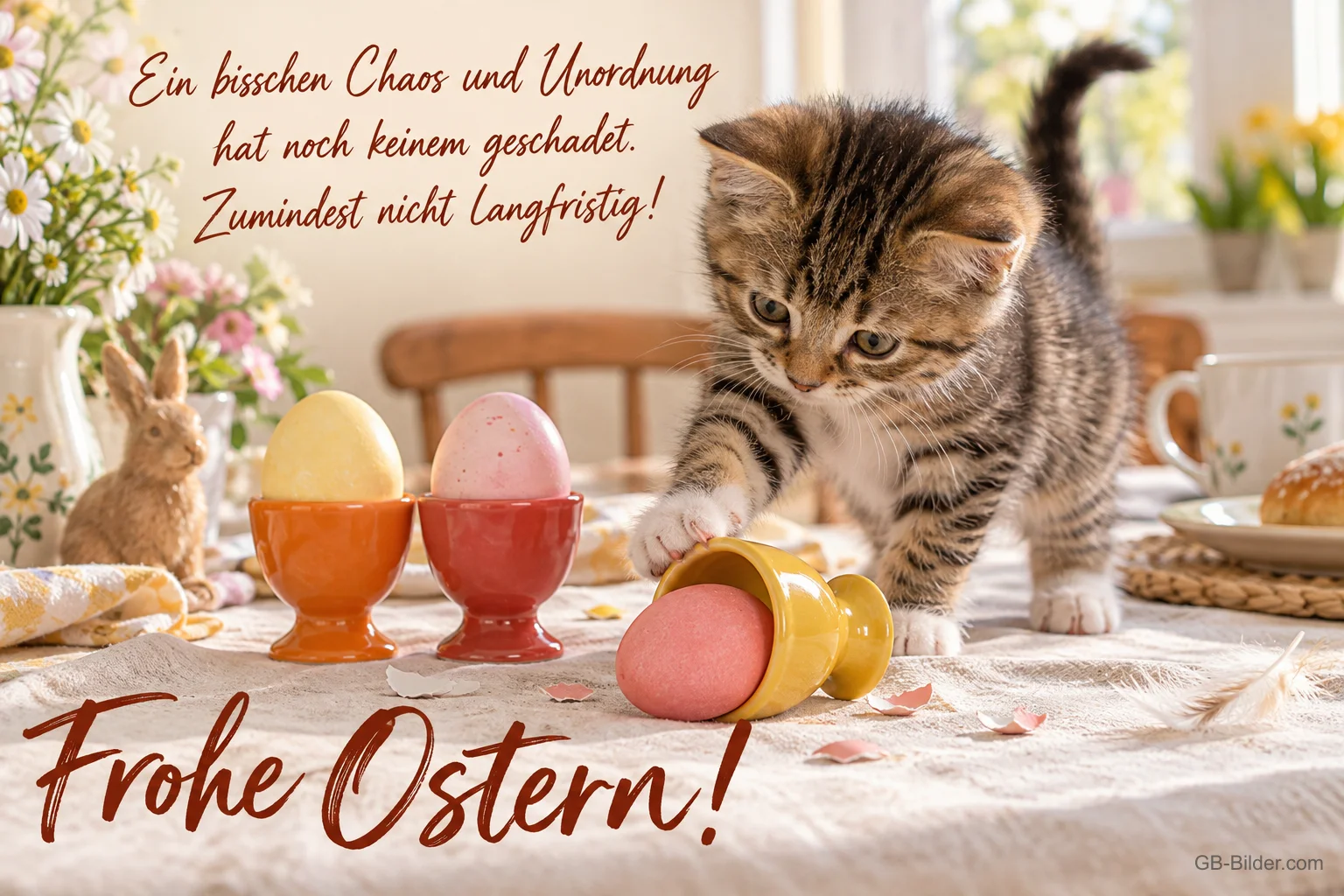 Kätzchen stößt Eierbecher um, Text: Ein bisschen Chaos hat noch keinem geschadet. Frohe Ostern!