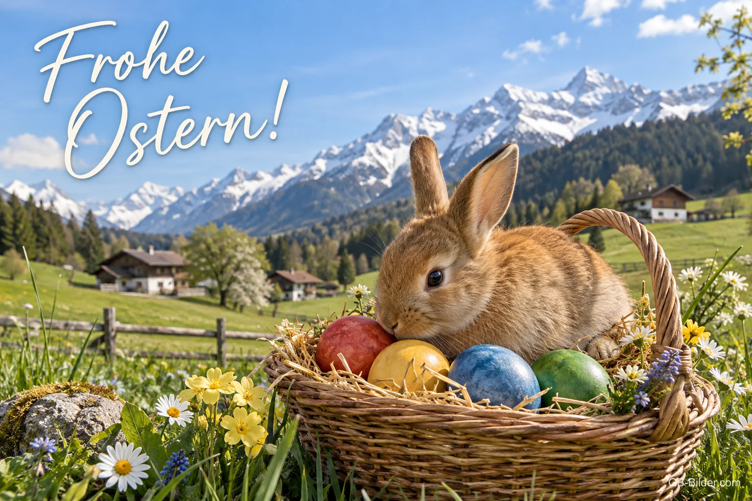 Hase mit Osterkorb vor den Bergen, Text: Frohe Ostern! Hase mit Osterkorb vor den Bergen, Text: Frohe Ostern!