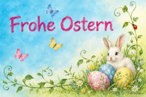 Hase mit Ostereiern in Aquarell, Text: Frohe Ostern