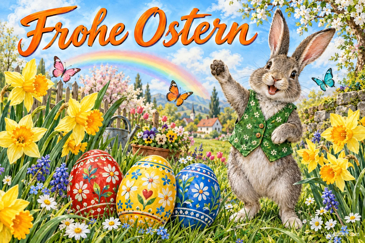 Hase in grüner Weste winkt zwischen Osterglocken und bemalten Ostereiern unter einem Regenbogen, Text: Frohe Ostern Hase in grüner Weste winkt zwischen Osterglocken und bemalten Ostereiern unter einem Regenbogen, Text: Frohe Ostern