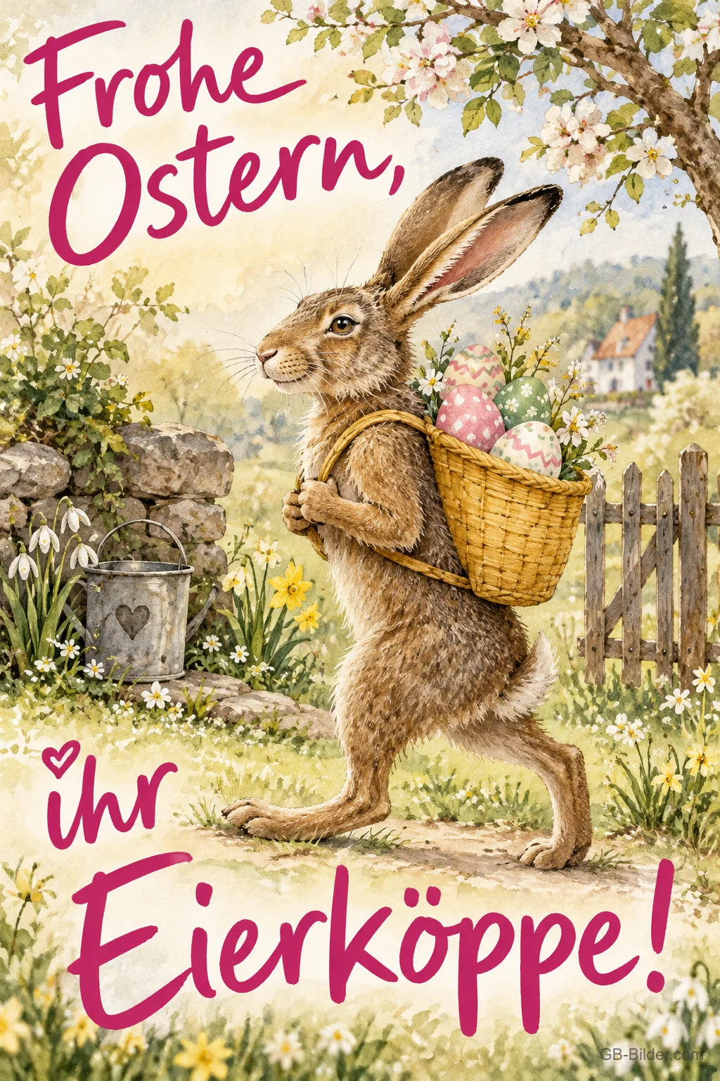 Hase mit Kiepe voller Ostereier, Text: Frohe Ostern, ihr Eierköppe!
