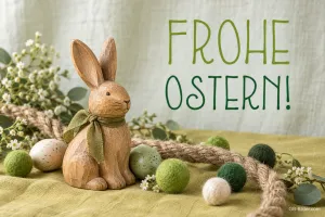 Geschnitzter Holzhase mit Filzkugeln, Text: Frohe Ostern!