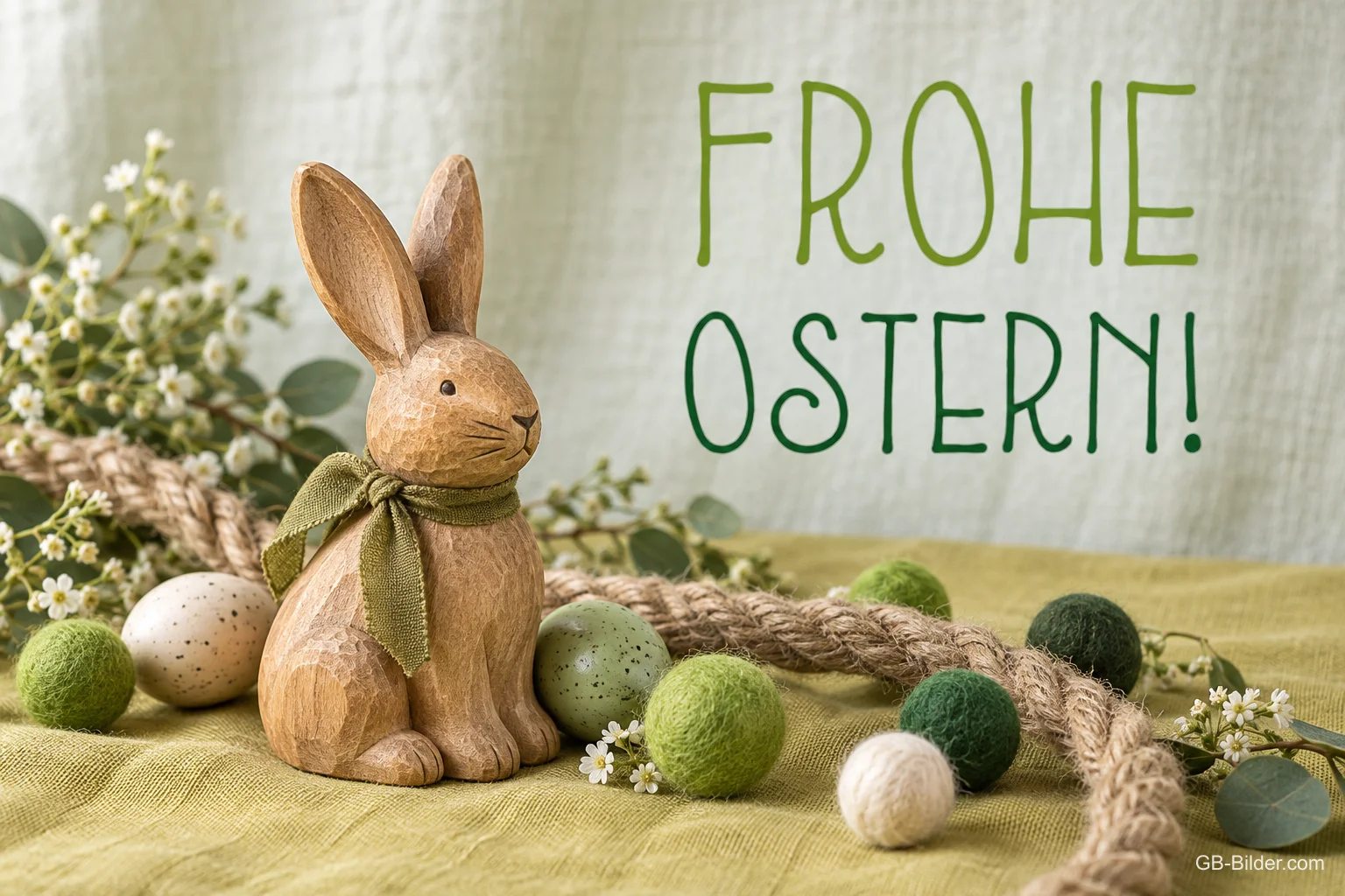 Geschnitzter Holzhase mit Filzkugeln, Text: Frohe Ostern! Geschnitzter Holzhase mit Filzkugeln, Text: Frohe Ostern!