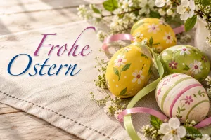 Bemalte Ostereier mit Schleifen, Text: Frohe Ostern