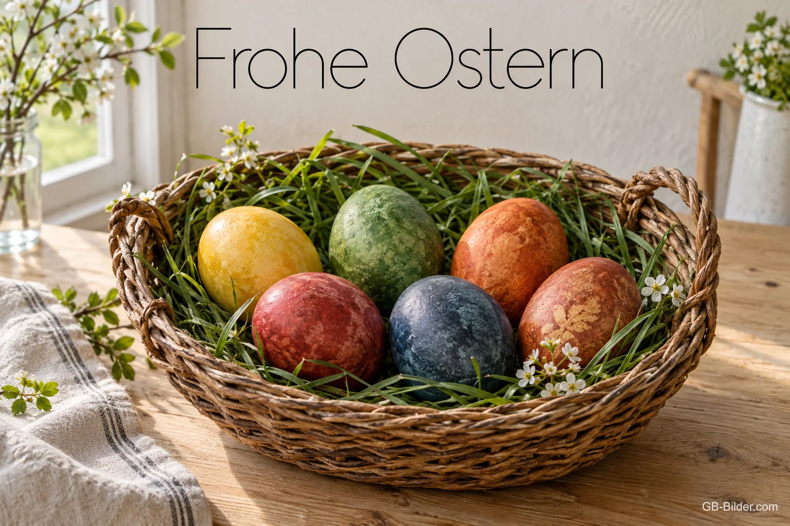 Weidenkorb mit gefärbten Ostereiern, Text: Frohe Ostern Weidenkorb mit gefärbten Ostereiern, Text: Frohe Ostern