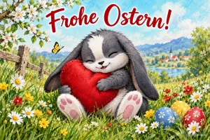 Schwarz-weißer Hase umarmt ein rotes Herz in einer Blumenwiese mit Ostereiern, Text: Frohe Ostern!