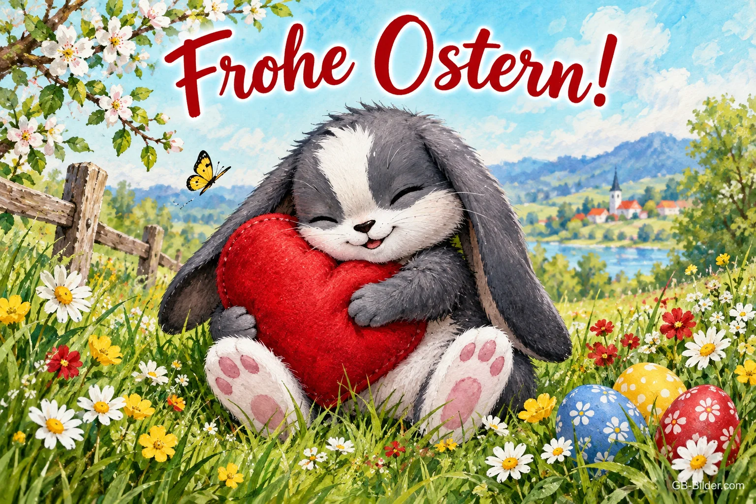 Schwarz-weißer Hase umarmt ein rotes Herz in einer Blumenwiese mit Ostereiern, Text: Frohe Ostern! Schwarz-weißer Hase umarmt ein rotes Herz in einer Blumenwiese mit Ostereiern, Text: Frohe Ostern!