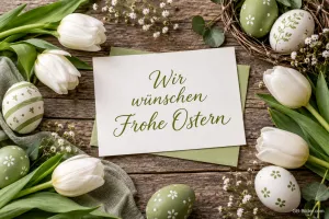 Karte zwischen weißen Tulpen und Ostereiern, Text: Wir wünschen Frohe Ostern