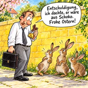 Mann mit Aktentasche beißt in einen Schokoladenhasen, drei echte Hasen schauen entsetzt zu, Text: Entschuldigung, ich dachte, er wäre aus Schoko. Frohe Ostern!
