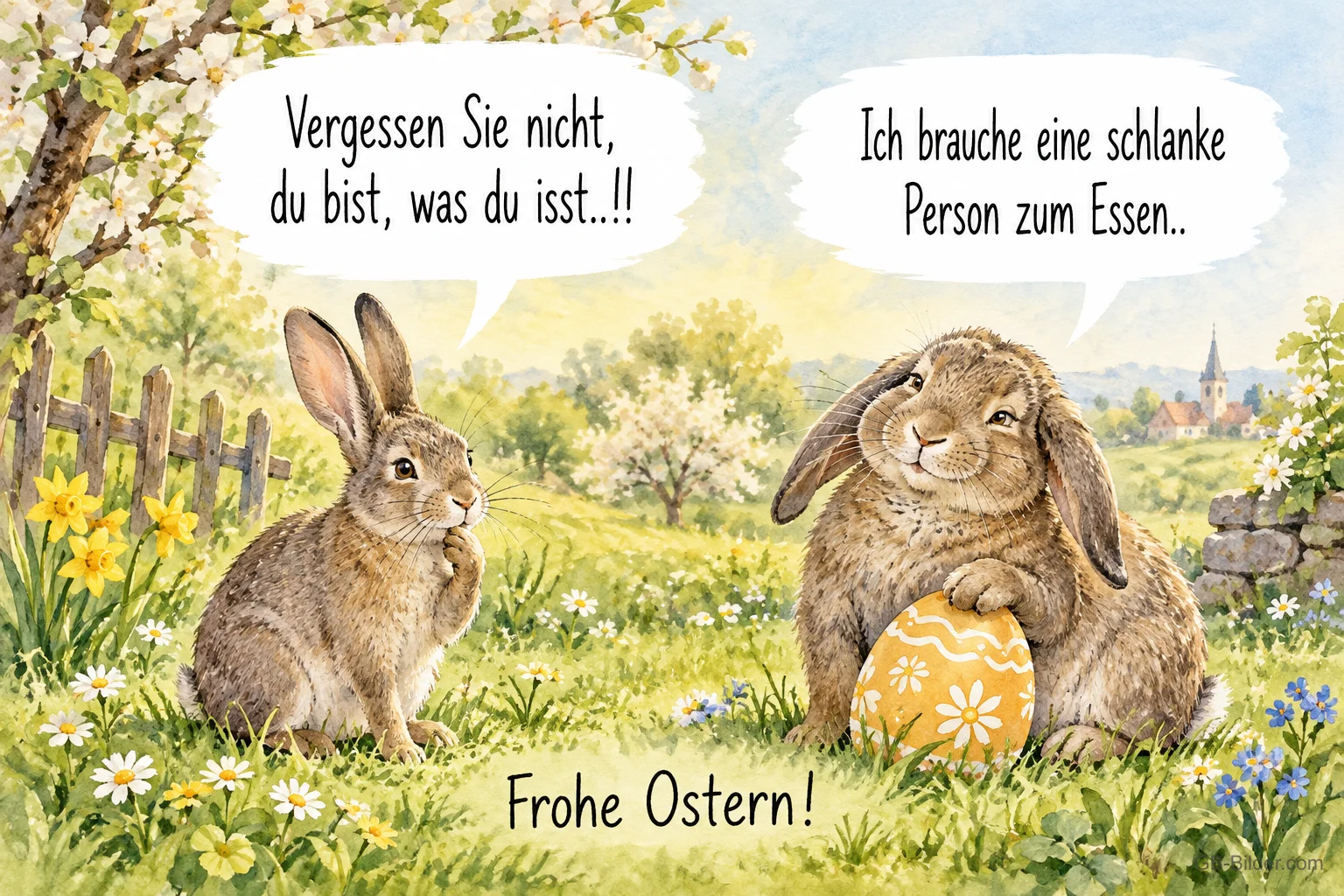 Zwei Hasen auf einer Frühlingswiese, lustiger Osterspruch, Frohe Ostern!