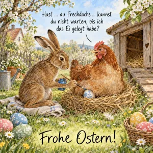 Braune Henne im Nest und Hase mit Pinsel neben dem Hühnerstall, Text: Hast … du Frechdachs … kannst du nicht warten, bis ich das Ei gelegt habe? Frohe Ostern!