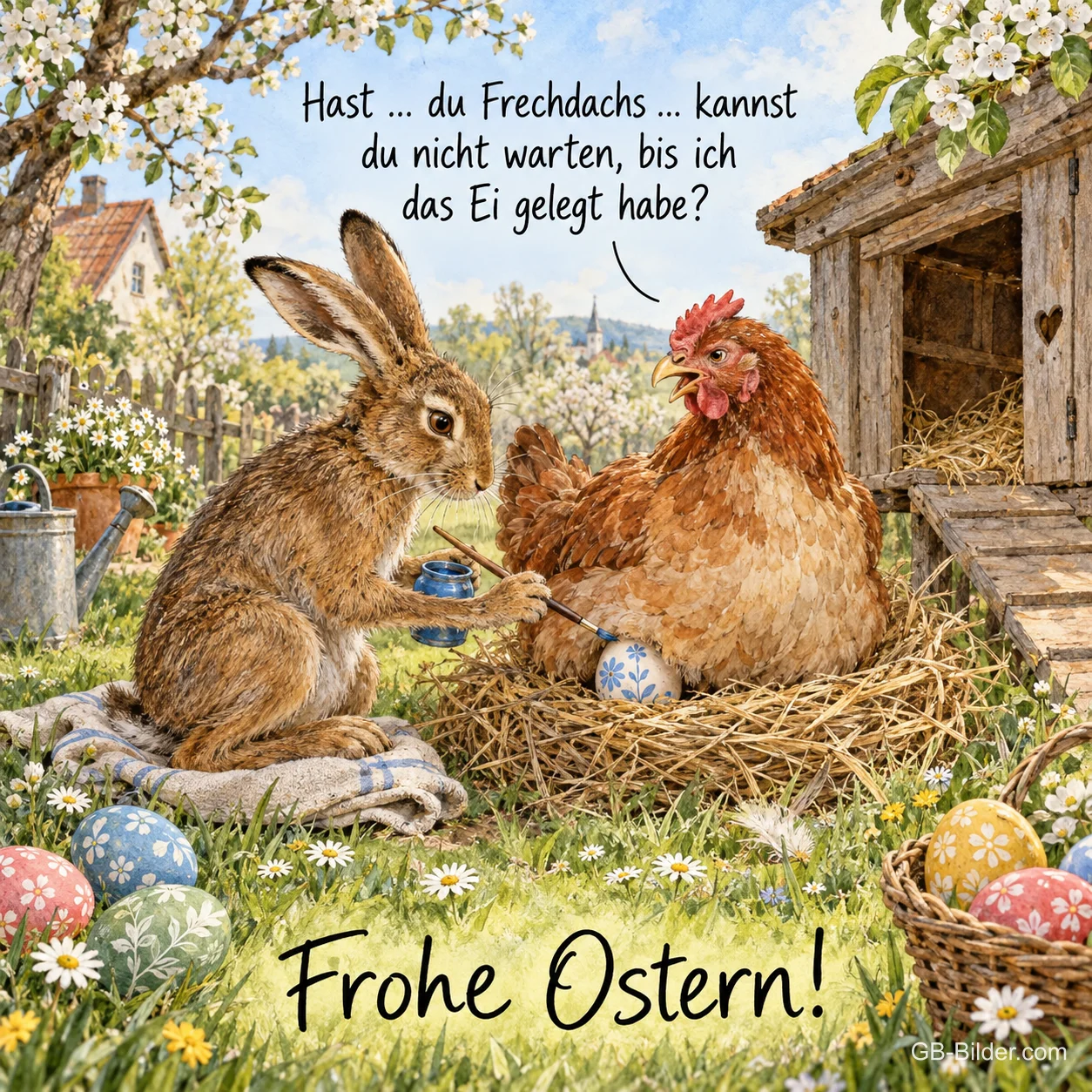 Braune Henne im Nest und Hase mit Pinsel neben dem Hühnerstall, Text: Hast … du Frechdachs … kannst du nicht warten, bis ich das Ei gelegt habe? Frohe Ostern!
