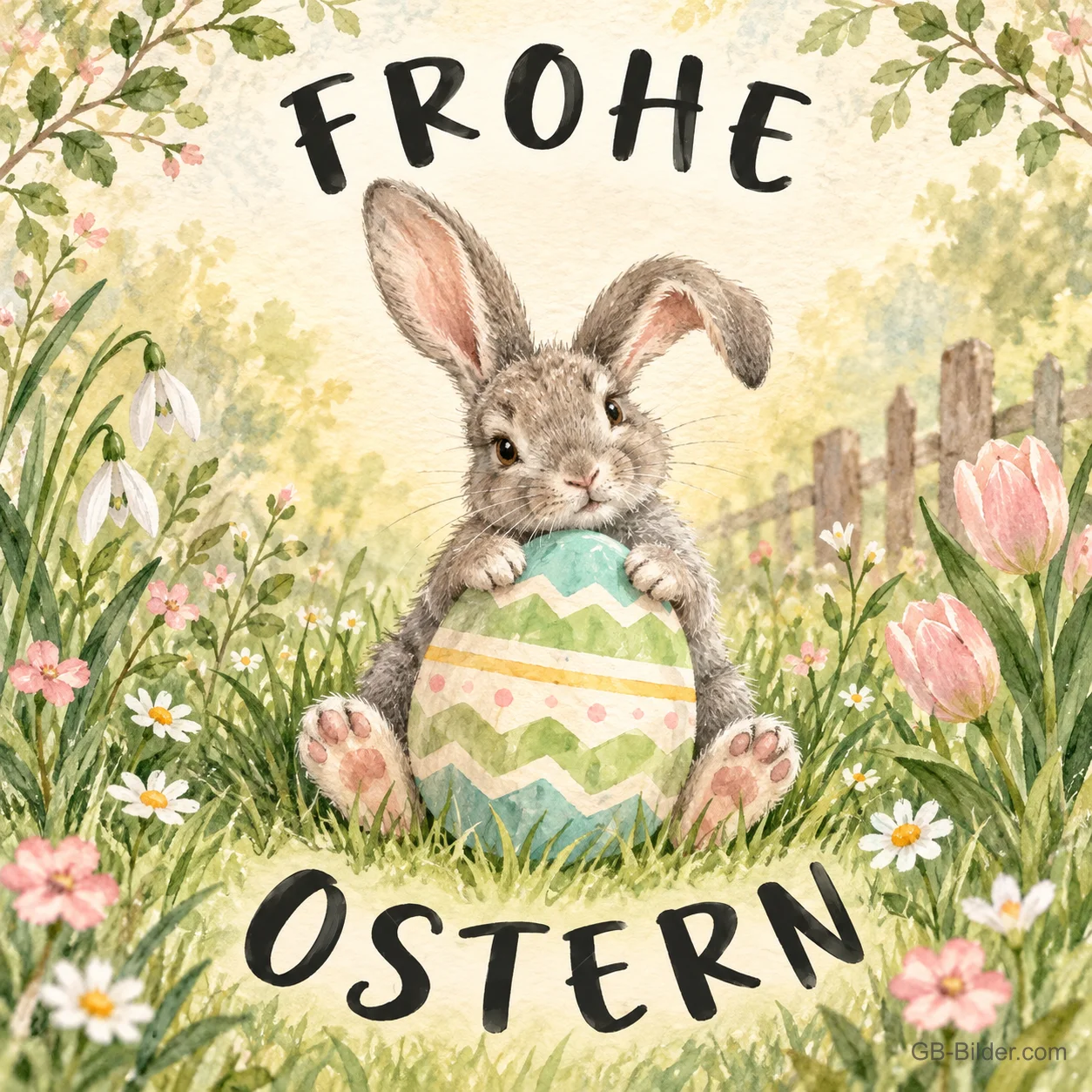 Hase mit bemaltem Osterei in Aquarell, Text: Frohe Ostern