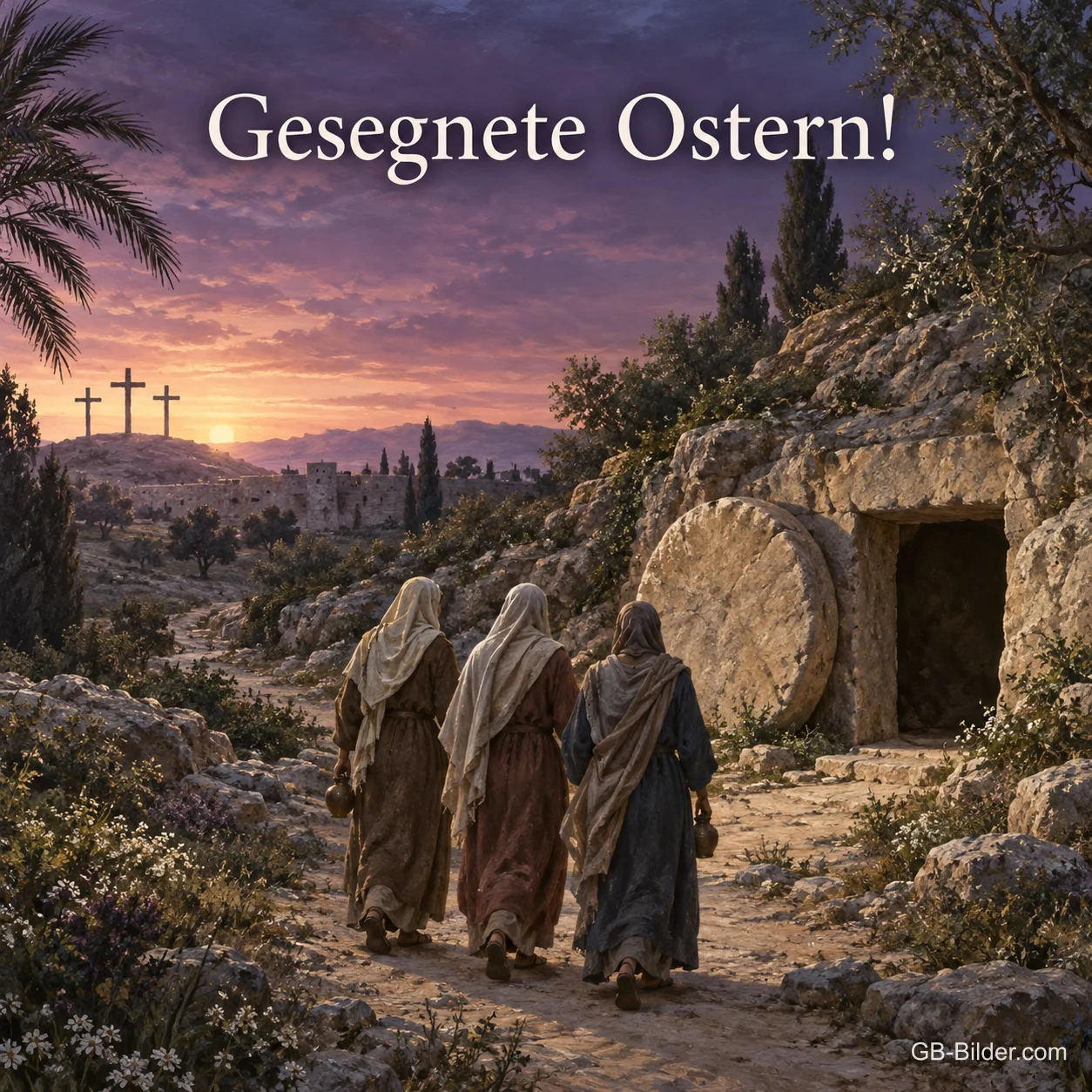 Drei Frauen gehen zum offenen Grab, Text: Gesegnete Ostern!
