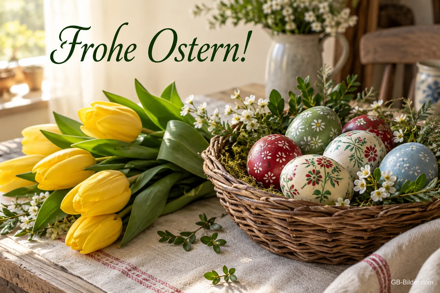 Gelbe Tulpen und Korb mit bemalten Ostereiern, Text: Frohe Ostern!