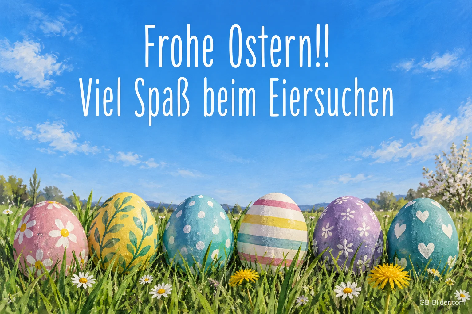 Bunte Ostereier in einer Reihe im Gras, Text: Frohe Ostern!! Viel Spaß beim Eiersuchen