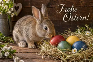 Kaninchen an Ostereiern im Heunest, Text: Frohe Ostern!