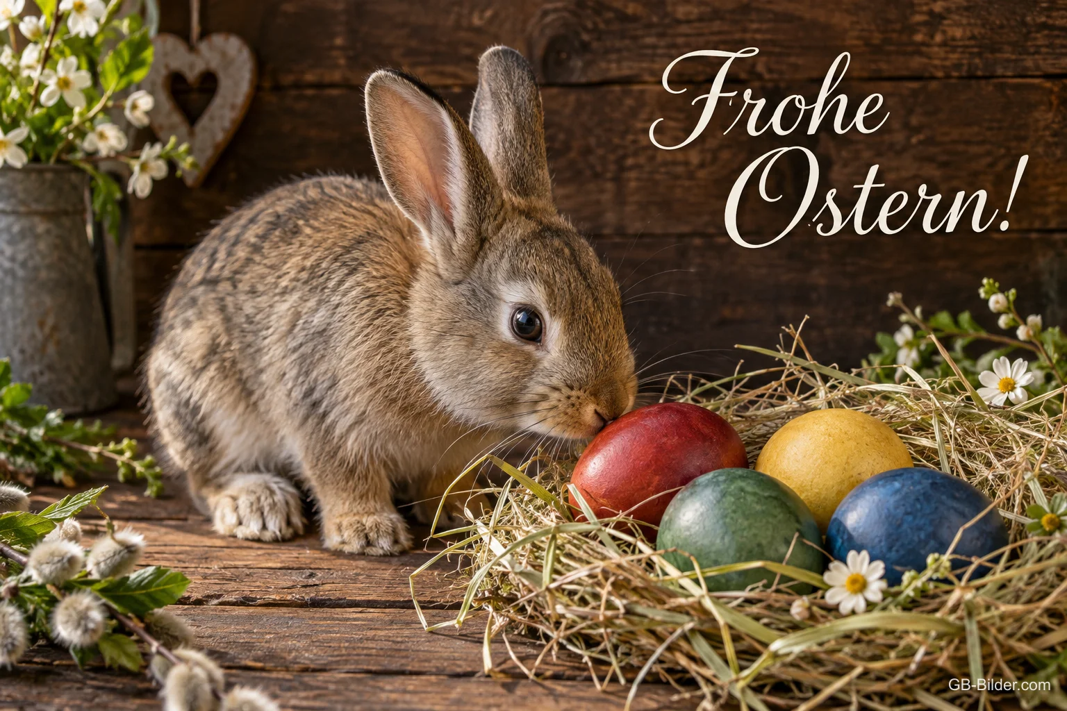 Kaninchen an Ostereiern im Heunest, Text: Frohe Ostern!