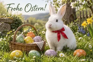 Weißes Kaninchen mit Schleife und Osterkorb, Text: Frohe Ostern!