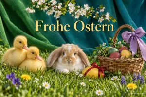 Küken und Kaninchen mit Osterkorb, Text: Frohe Ostern