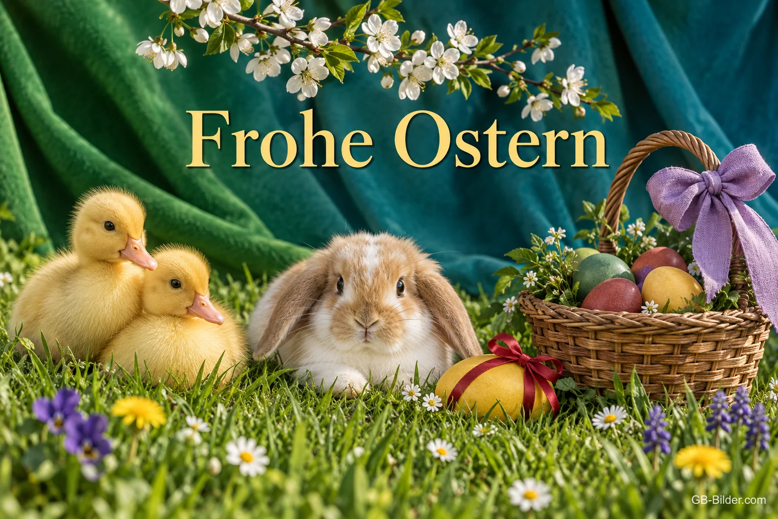 Küken und Kaninchen mit Osterkorb, Text: Frohe Ostern
