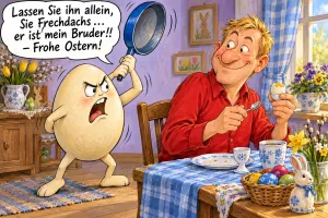 Wütendes Ei schwingt eine Pfanne gegen einen Mann beim Frühstücksei, Text: Lassen Sie ihn allein, Sie Frechdachs … er ist mein Bruder!! – Frohe Ostern!