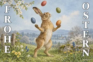 Jonglierender Hase mit Ostereiern, Text: Frohe Ostern