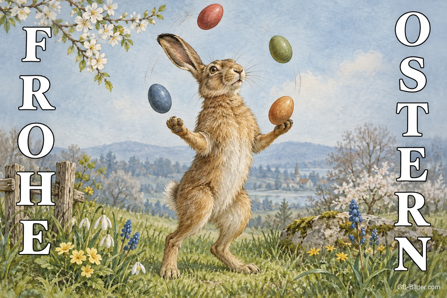 Jonglierender Hase mit Ostereiern, Text: Frohe Ostern