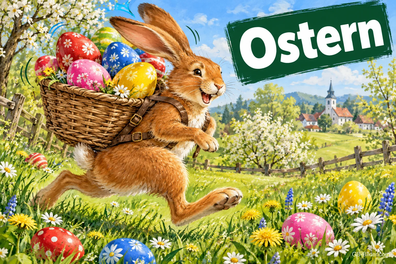 Hase mit Kiepe voller Ostereier rennt über eine Frühlingswiese, Text: Ostern