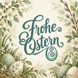 Ostereier und Weidenkätzchen, Text: Frohe Ostern