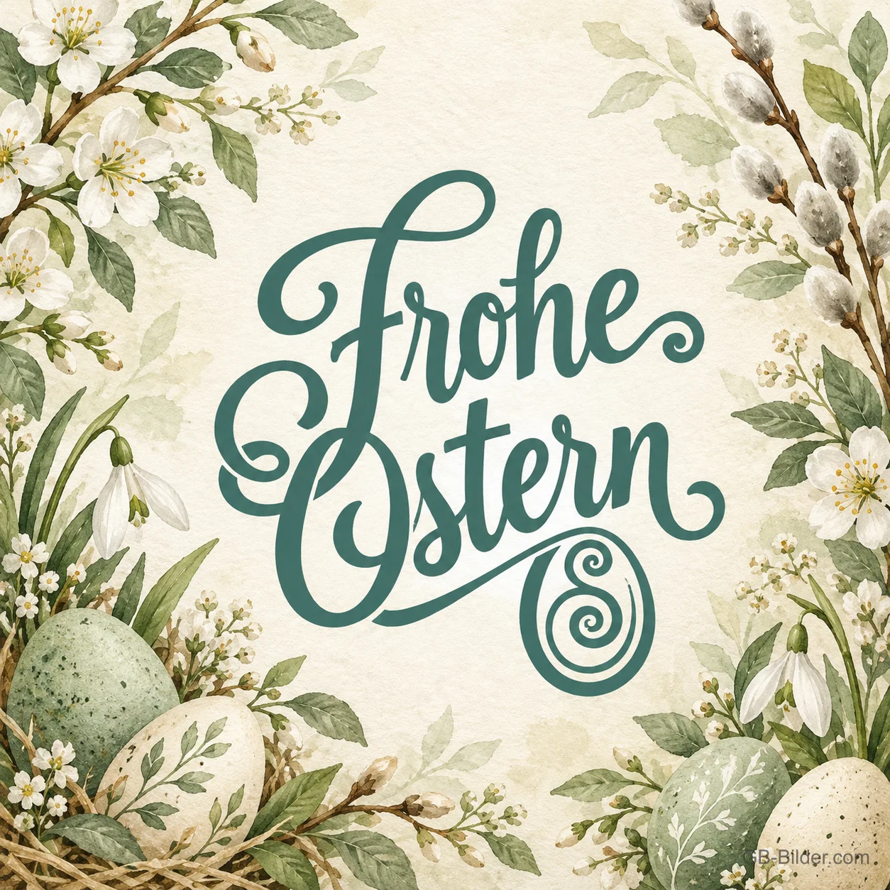 Ostereier und Weidenkätzchen, Text: Frohe Ostern