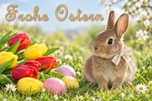 Kaninchen mit Schleife zwischen Tulpen, Text: Frohe Ostern