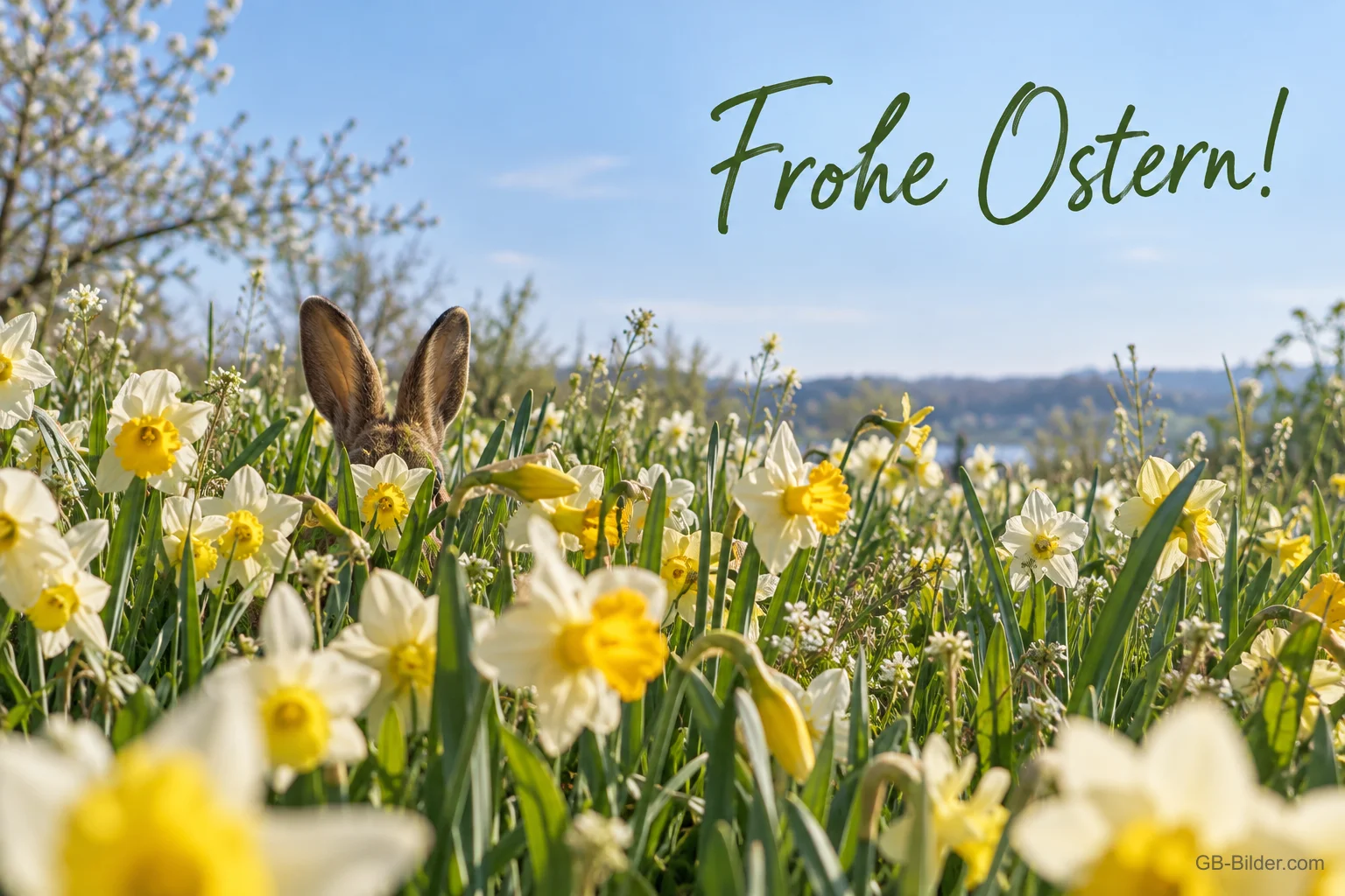 Hasenohren im Narzissenfeld, Text: Frohe Ostern!