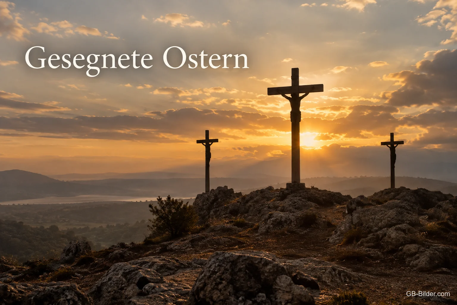 Drei Kreuze auf einem Hügel im Sonnenuntergang, Text: Gesegnete Ostern