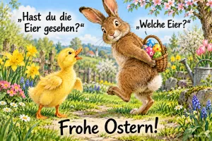 Hase versteckt einen Korb voller Ostereier, ein Entenküken fragt neugierig nach, Text: „Hast du die Eier gesehen?“ „Welche Eier?“ Frohe Ostern!