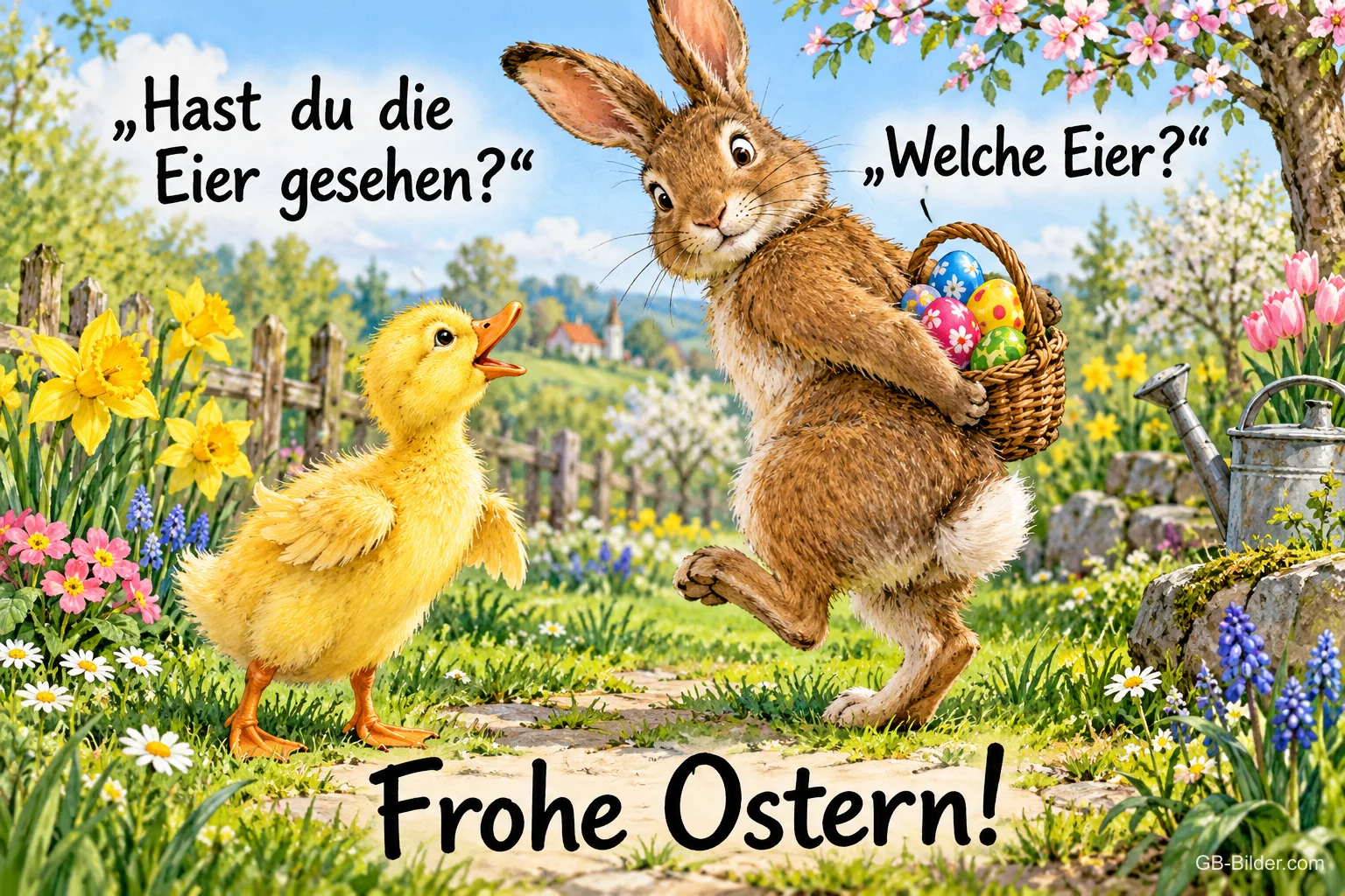 Hase versteckt einen Korb voller Ostereier, ein Entenküken fragt neugierig nach, Text: „Hast du die Eier gesehen?“ „Welche Eier?“ Frohe Ostern!