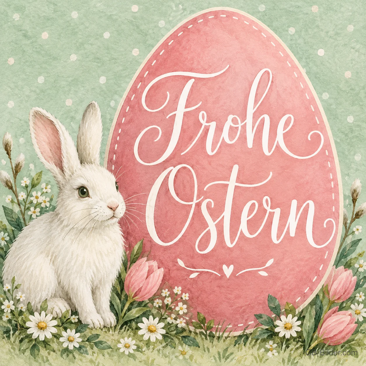 Weißes Kaninchen vor rosa Osterei, Text: Frohe Ostern