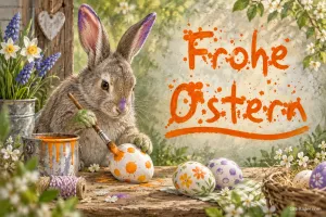 Hase bemalt ein Osterei, Text: Frohe Ostern