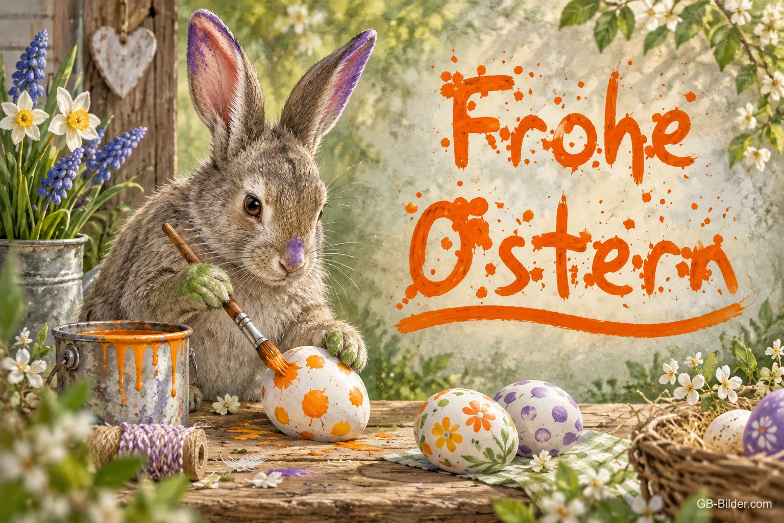 Hase bemalt ein Osterei, Text: Frohe Ostern