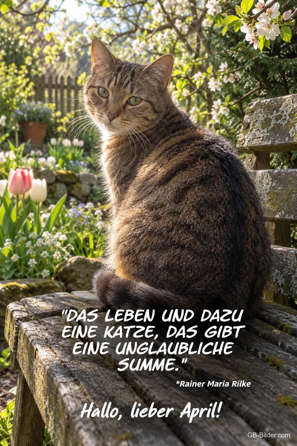 Getigerte Katze auf einer Gartenbank, Zitat Rainer Maria Rilke, Hallo, lieber April!