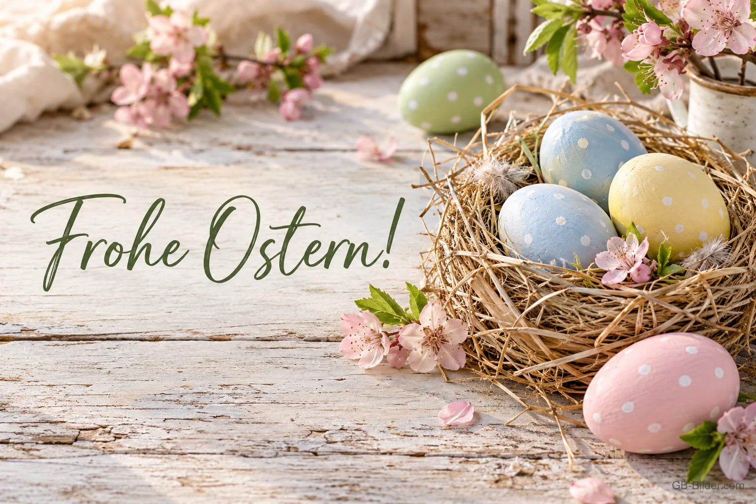Pastellfarbene Ostereier im Nest, Text: Frohe Ostern! Pastellfarbene Ostereier im Nest, Text: Frohe Ostern!