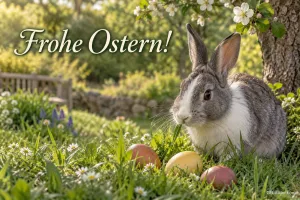 Kaninchen mit Ostereiern auf der Wiese, Text: Frohe Ostern!